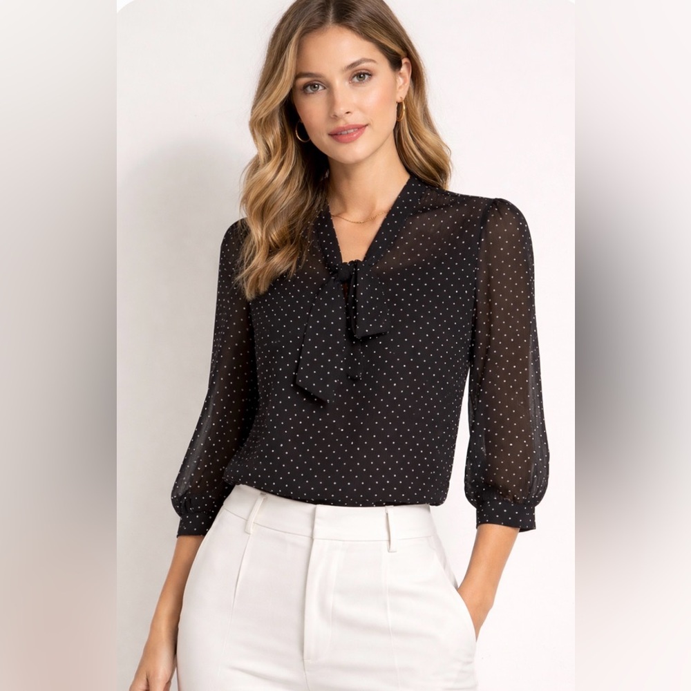 The Limited XS Polka Dot Sheer Blouse Tie Neck Office Chic Feminine Top